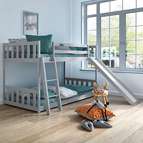 KOTEK Twin Over Twin Bunk Bed with Slide, Solid Wood Floor Bunk Bed Frame with Guardrails & Ladder, No Box Spring Needed, Kids Bedroom Furniture for Boys & Girls, Teens (Grey)