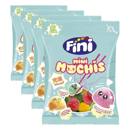 Fini - Mini Mochis de Gominola | Chuches Rellenas | Sabor Melón, Fresa y Mango | Bolsa de 90g. (Paquete de 4)