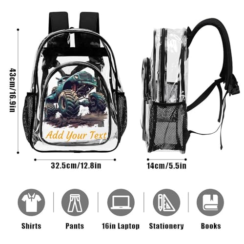 MoBlinko Personalized Clear Backpack School Backpack Heavy Duty PVC Monster Truck Custom Name Large Transparent Backpack Bag DIY See through Backpack for Gifts3