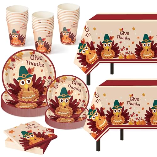 Childom Thanksgiving Party Supplies,102 Pcs Give Thanks Themed Party Set,Thanksgiving Decoration Dinnerware Set,Disposable Tablecloths Plates Cups Napkins Tableware For Fall Home Dinner Picnic Parties