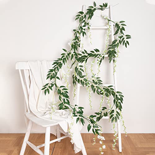 LUWENER 2PCS 7FT Artificial Wisteria Vine Garland Fake Wisteria Flower Silk Ivy Hanging Flower for Wedding Decorations Outdoor Indoor Wall Badroom Garden Decor (White) - Image 3