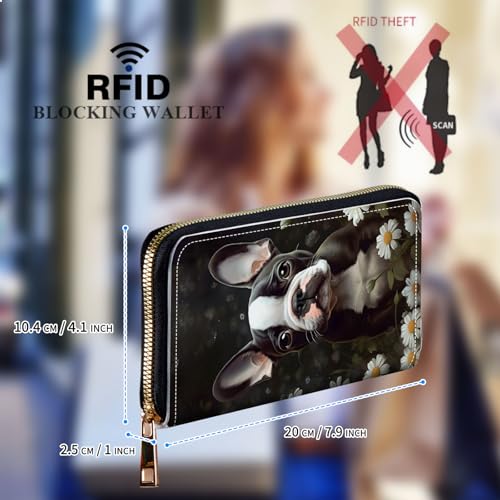 Womens Wallet, Large Capacity RFID Blocking PU Leather Wristlet Wallets for Women Ladies Men Credit Card Holder Zipper Wallet Phone Holder Clutch Travel Purse, Boston Terrier Dog2