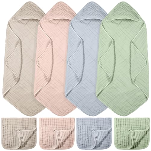 Image of VitalCozy 8 Pcs Baby Muslin Hooded Bath Towels and Washcloths, Muslin Hooded Baby Towels Absorbent Blankets for Gift Newborn Infant Shower (Cream Color)