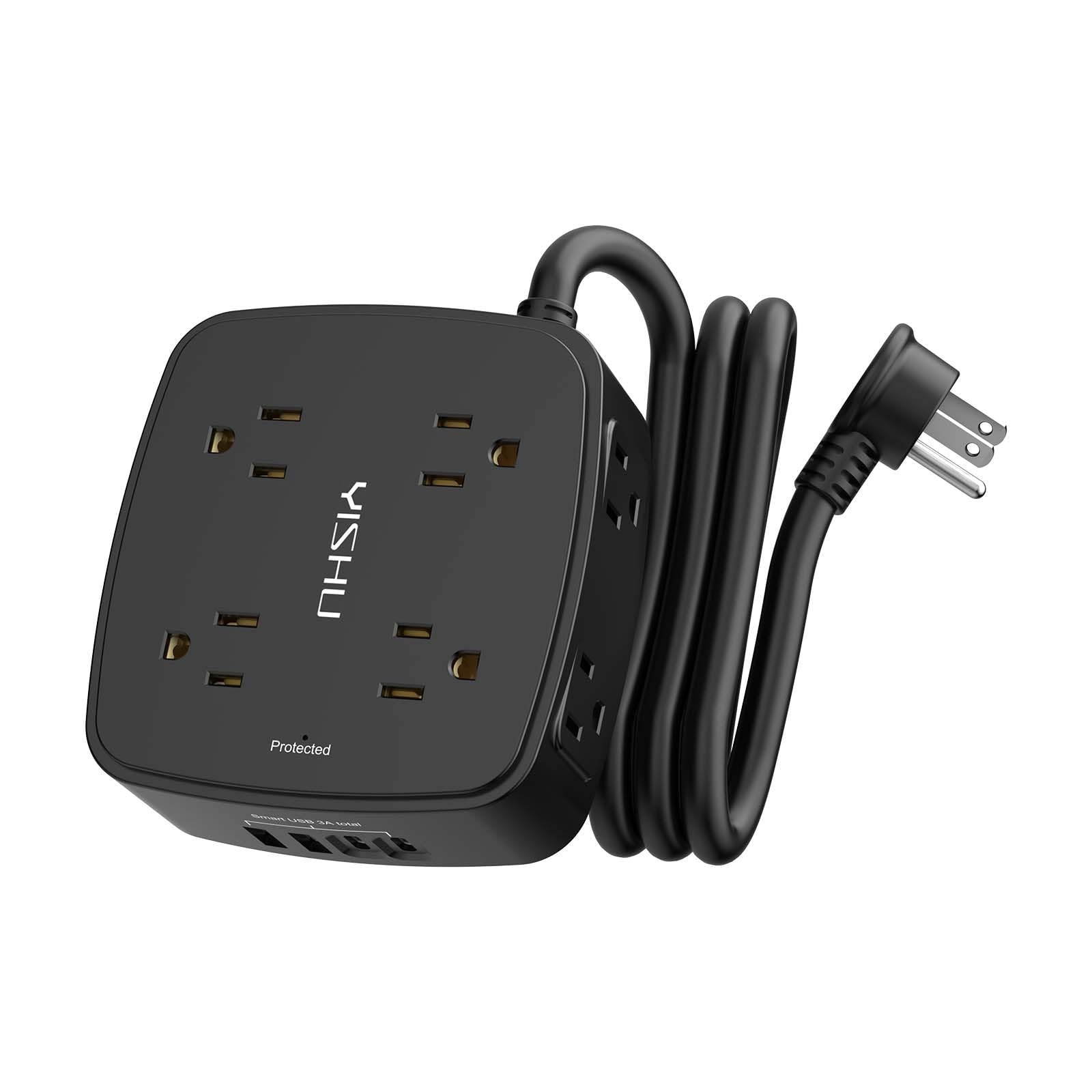 5Ft Surge Protector Power Strip - 8 Widely Outlets with 4 USB Ports, 3 Side Outlet Extender with 5 Feet Extension Cord, Flat Plug, Wall Mount, Desk USB Charging Station, ETL,Black