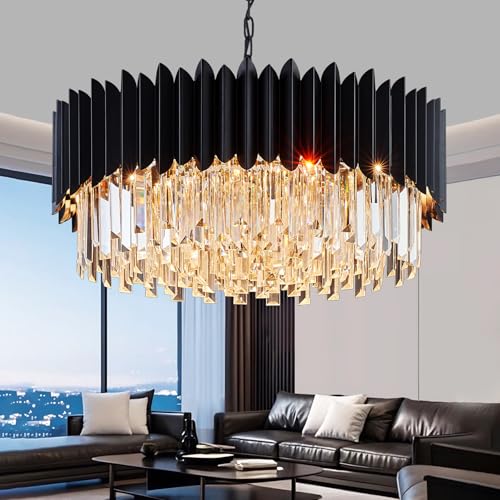 Lista de Candil Top 10. 45 PAFRUMGE - Lámpara de araña de vidrio negro moderna de 24 pulgadas, 10 luces colgantes de techo, 5 niveles para sala de estar, comedor, recámara, vestíbulo entrada