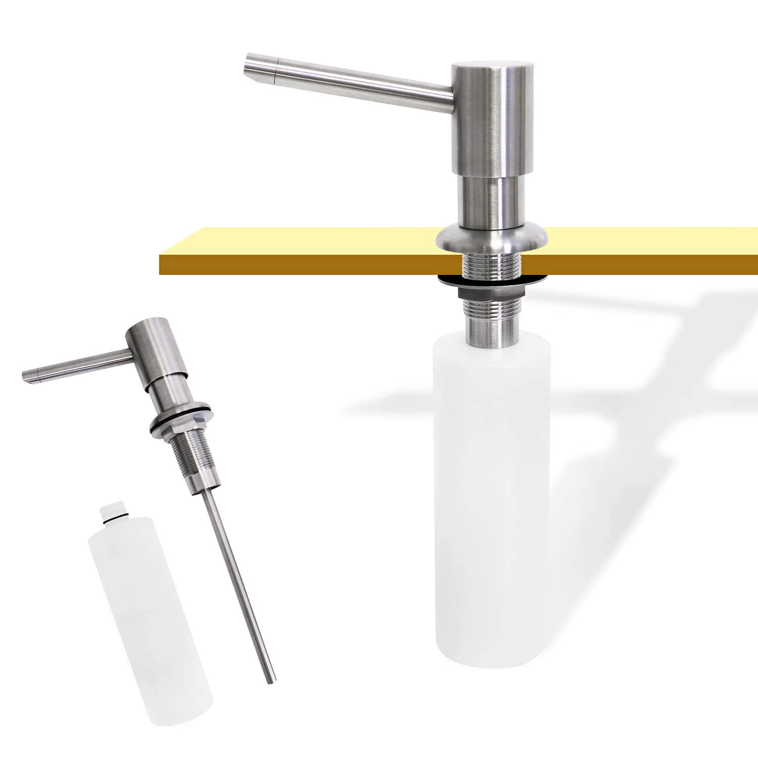 TRYWELLBuilt in Soap Dispenser for Kitchen Countertop Bar Sink 316 Stainless Steel Pump Head 12 oz Bottle 350 ml 360 Degree Swivel