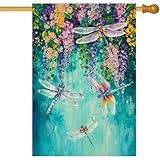 Baccessor Spring Summer Floral House Flag Double Sided 28x40 Inch Burlap,Wisteria Dragonfly Flowers Welcome Large Garden Flag Porch Patio Front Yard Seasonal Farmhouse Outside Outdoor Decor