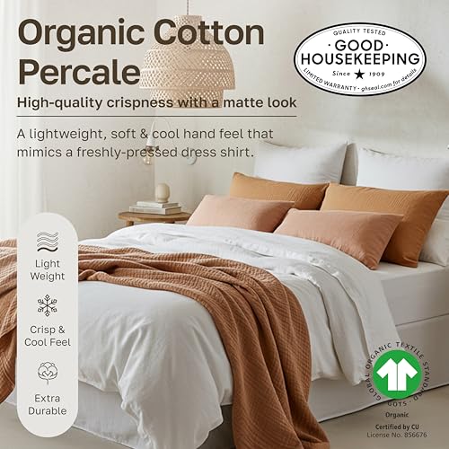 Image of Pack of 2 100% Organic Cotton Twin XL Fitted Sheets Adjustable Bed, White | 2 Fitted Sheets, GOTS Certified, Crisp & Airy Percale, All-around Elastic, No-Pop Fit, Durable, Easy Care, Backed by GH Seal
