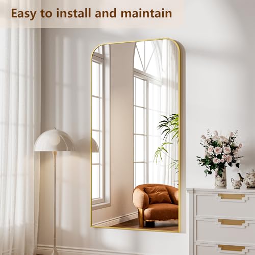 Image of Koonmi Full Length Mirror, 71 inchx30 inch Mirror Full Length with Stand, Gold Domed Top Square-Edged Floor Mirror with Aluminum Alloy Frame for Bedroom Living Room