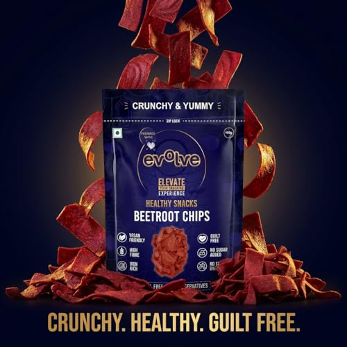 Image of Evolve Healthy Baked Beetroot Chips Snacks for Kids, Adults | Gluten Free, Low Calorie, Vegan | No Additives, Crunchy Spicy Snack- 100g Pack of 4