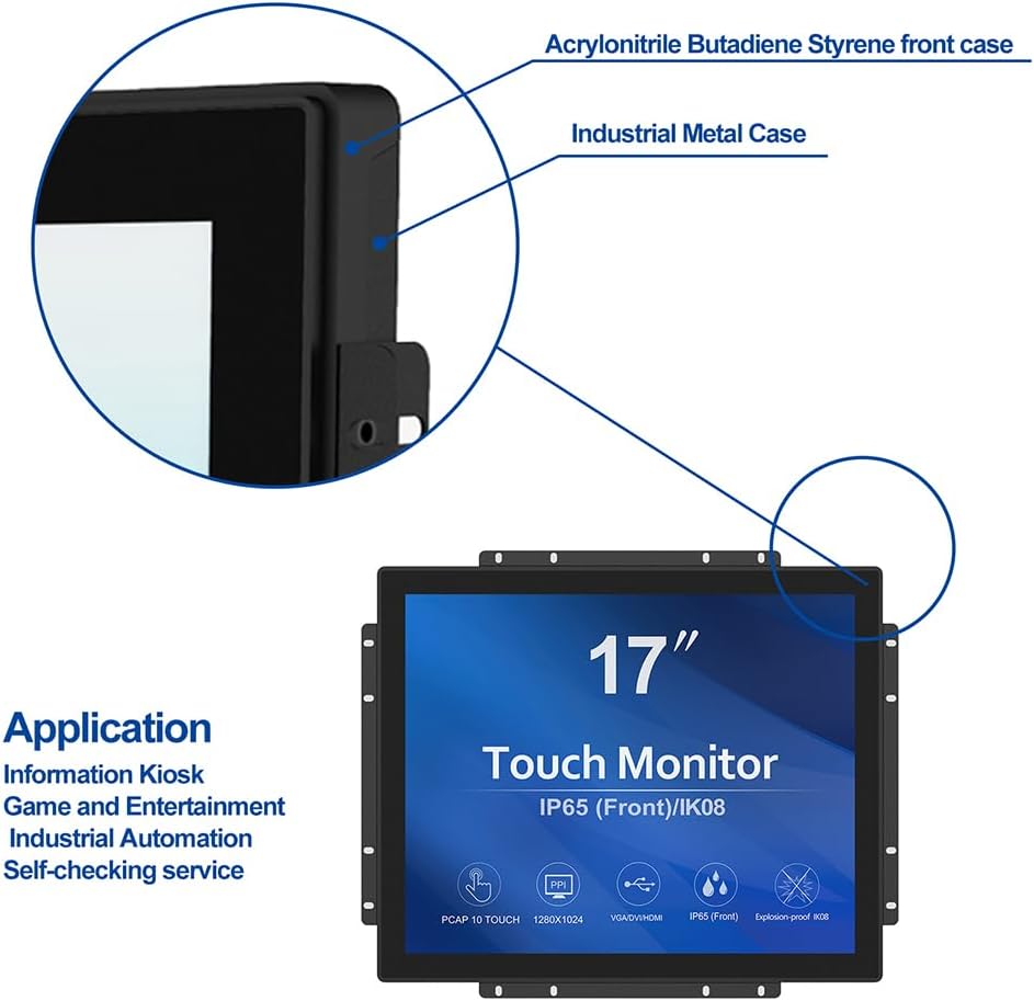 GreenTouch 17 Inch 10 Points Open Frame Industrial Touch Monitor - PACP -1280X1024-LED Display Metal Housing with HDMI,DVI,VGA Port Built-in