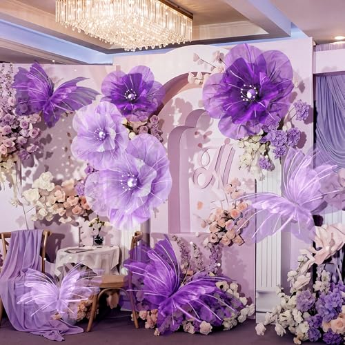 Image of Cinnvoice 8 Pcs Large Purple Butterfly Flower Decorations 20 Inch 12 Inch 3D Giant Silk Butterfly Big Flower Mariposas Grandes para Decoracion for Wedding Backdrop Birthday Party