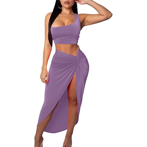 BEAGIMEG Women's Sexy One Shoulder Long Bodycon Slit Skirt 2 Pieces Dress Lavender