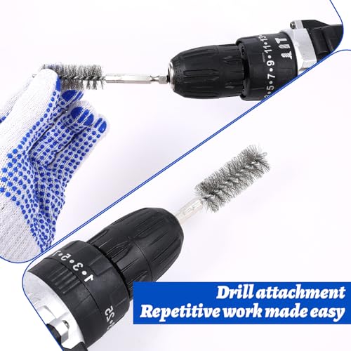 Image of 6Pcs Bore Brush Set, Stainless Steel Wire Bore Cleaning Brushes with 1 /4 inch Hex Shank Twisted Wire Bristles, Different Sizes (9, 11, 13, 15, 17, 19mm) for Power Drill, Rust and Tube Cleaning