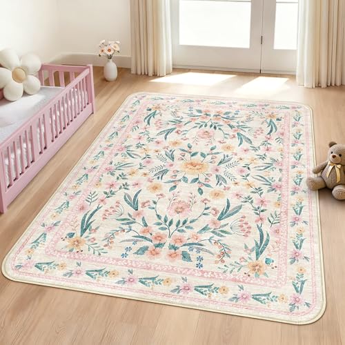Floral Washable 5x7 Area Rug, Soft Non-Slip Pink Rugs for Girls Bedroom, Low Pile Flower Boho Living Room Rug, Non-Shedding Botanical Indoor Carpet for Nursery Playroom Dorm - Image 5