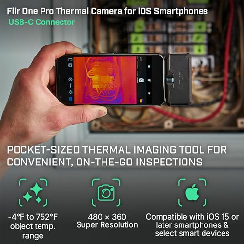 Image of Flir One Pro - Thermal Imaging Camera for iOS Smartphones (iPhone 15 and Newer w /USB-C), 480x360 Super Resolution (160x120 Native IR) | iPhone 15 and newer, 160x120 native IR, MSX, VividIR, jobsite tough, case, USB cable