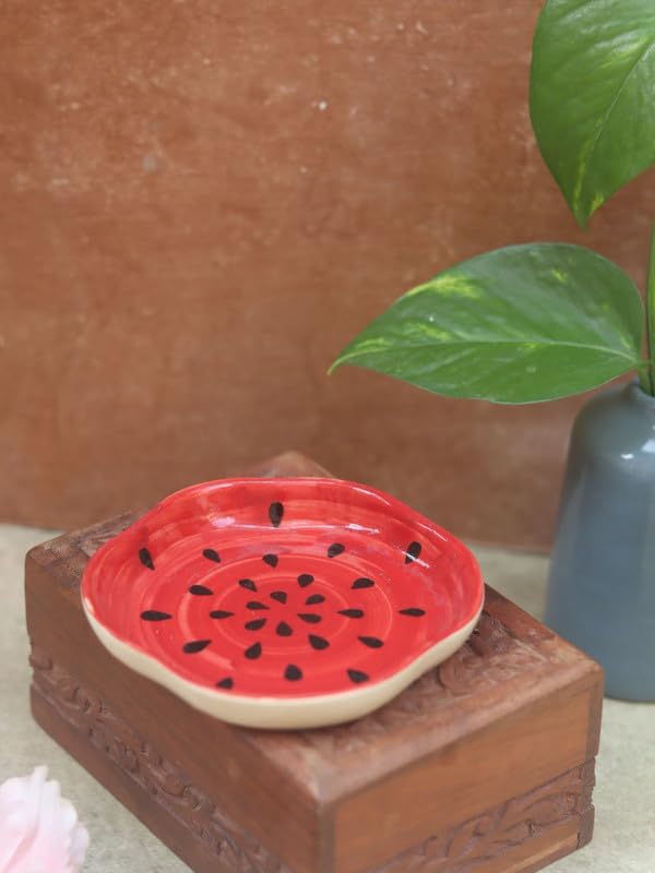 Image of WEAVING HOMES Handmade Watermelon Dessert Plate, Size: 11 cm Microwave & Dishwahsher Safe (Set of 1)