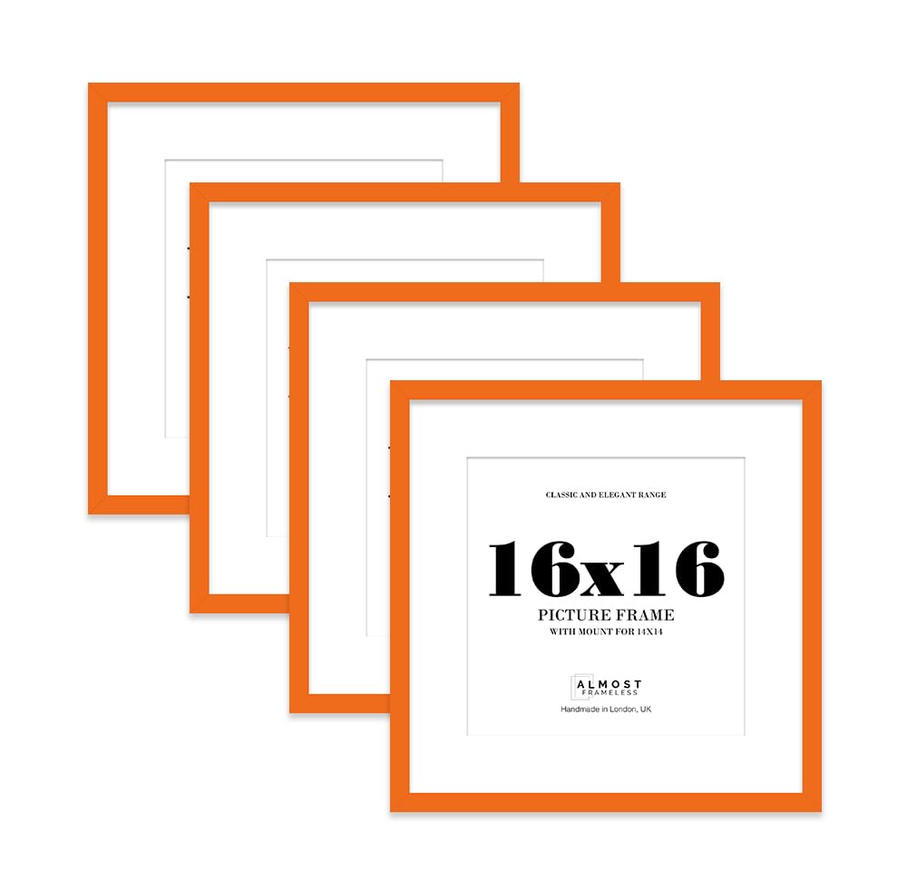 16x16 Orange Picture Frame with Mount for 14x14 Photos, Prints - Modern Square Wall Frame, Set of 4