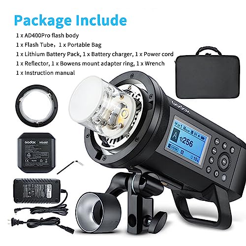 Godox AD400 Pro AD400Pro Outdoor Flash Strobe, Portable 400W 2.4G TTL 1/8000 HSS Monolight, 0.01-1s Recycle, 30W LED Modeling Lamp with Rechargeable Battery and Bowens Mount