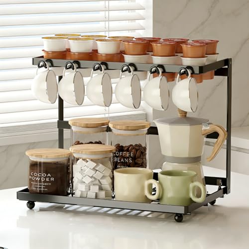 PureBox 2-Tier Coffee Station Organizer with K-Cup Holder, No-Assembly Heavy Duty All-Metal Countertop Organizer for Coffee Pods, Mugs & Accessories, Black