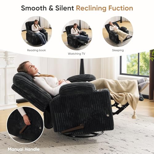 Image of Oversized Manual Recliner Chair with Arm Storage,Swivel Rocker Recliner Chair for Adults with Adjustable Headrest,Nursery Glider Recliner with Phone Stand and Side Pockets for Living Room,Dark Grey