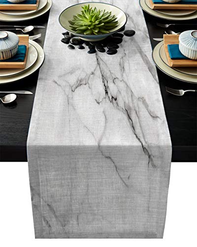 Linen Burlap Table Runner Dresser Scarves 13 x 70 Inch, Marble Texture Kitchen
