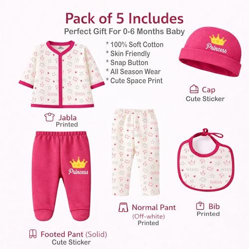 Image of Kidbee Baby Clothing Gift Set for Boys & Girls, 5 Piece Newborn Clothing Combo with Front Open Top, Pajama, Printed Pant, Cap & Bib, Soft Cotton, 0-6 Months Baby