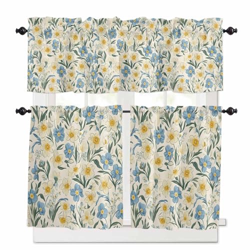 Wildflower Garden Motifs Kitchen Curtains 36 Inch Length, 3 Piece Rod Pocket Small Half Tiers and Valance Set, Daisy Spring Floral Vintage Small Large Window Treatment Decor for Bedroom/Bathroom Sink