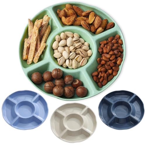 KATLKIU Lot de 4 Plateaux à Snacks Ronds Ø23×2,5cm – 5 Compartiments – Plastique Sans BPA – 4 Couleurs (Beige, Vert, Bleu Clair, Bleu Foncé) –...