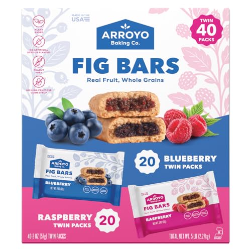 Fig Bars Variety Pack, Blueberry & Raspberry Twin Packs 80 oz (5 lb), Real Fruit Whole Grain Snack Baked Bars, Plant-Based, Peanut Free, 40 Count
