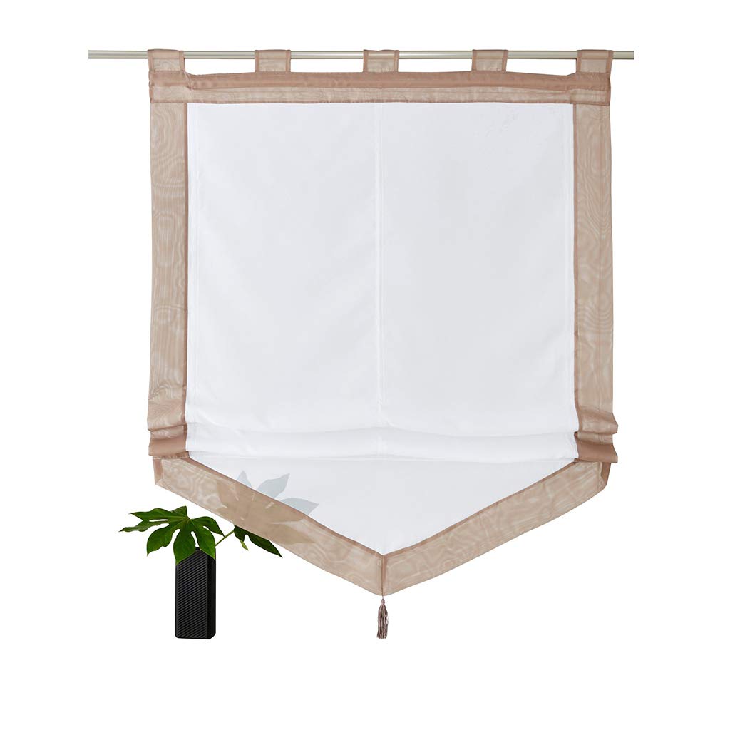 SIMPVALE - Roman Blind for Kitchen Bathroom Balcony - Liftable Transparent Voile Window Curtain with Tassel Decoration, Khaki, 45x140cm