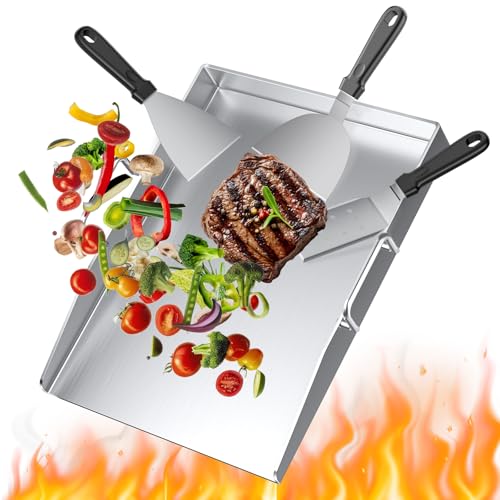 Brolteja Plancha Grillplatte Set, grillplatte Hergestellt aus 4 mm massivem Edelstahl,40 x 30 cm,Grillplatte für Gas & Kohlegrill,Grillplatte für Gleichmäßige Hitzeverteilung,3 Verschiedene Spatel