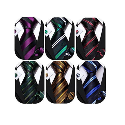Image of Barry.Wang 6 PCS Men Ties Set Silk Business Fashion Woven Necktie Handkerchief Cufflinks Paisley Stripe Wedding Party