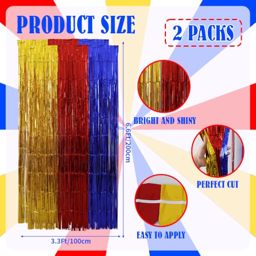Image of TONIFUL 2Pcs Yellow Red Blue Metallic Tinsel Foil Fringe Curtains Streamers | 3.3ftx6.6ft Photo Booth Backdrop Door Curtain Streamer for Birthday Baby Shower Sports Party Holiday Celebration Decorations
