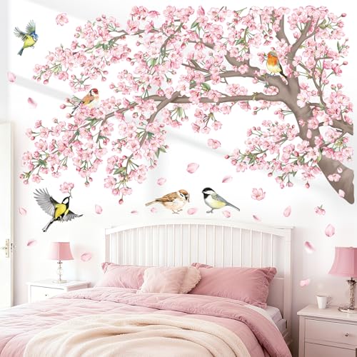 decalmile Stickers Muraux Grand Branche de Fleurs Rose Autocollant Mural Fleurs de Cerisier Floral Oiseaux Décoration Murale Salon Chambre à Coucher Bureau...