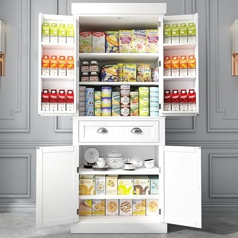 Squireewo 72" Freestanding Kitchen Pantry Storage Cabinet with Doors and 6 Hanging Shelves,Storage Cupboard with Large Drawer for Kitchen,Bathroom or Hallway, White Cover