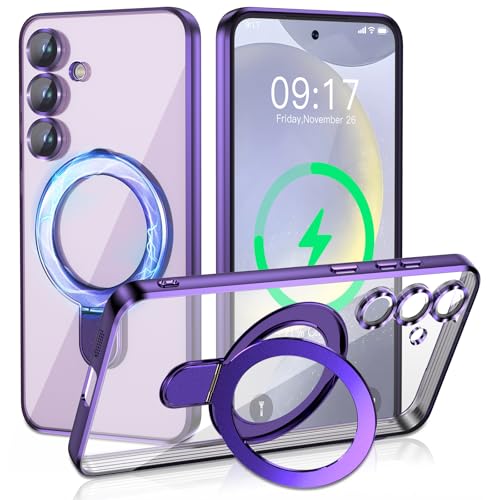 Image of Magnetic Stand & Full Camera Lens Protector Case for Samsung Galaxy S24 [Compatible with MagSafe][Military Drop Protective] Not Yellowing Clear Slim Soft S24 Phone Case for Women Men,Purple