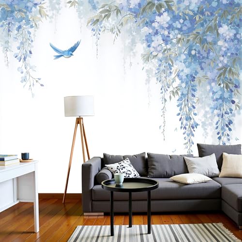 Poster mural panoramique bleu 300x210 cm oiseaux et fleurs