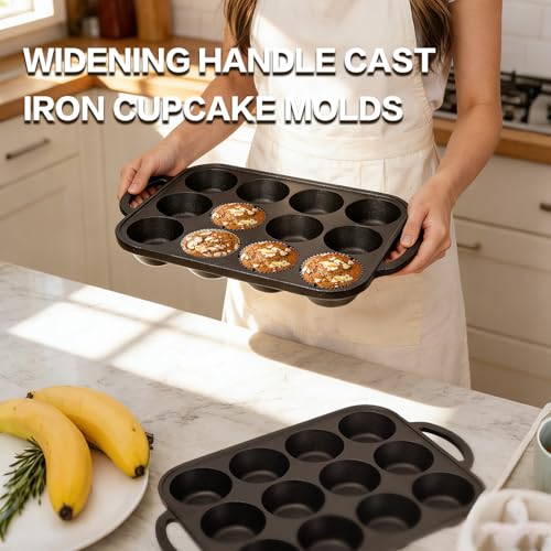 Image of Flavehc 2pack Cast Iron Muffin Pans for Baking 12 Cup Regular Size Cupcake Pan with Handle Pre-Seasoned Muffin Pans Molds