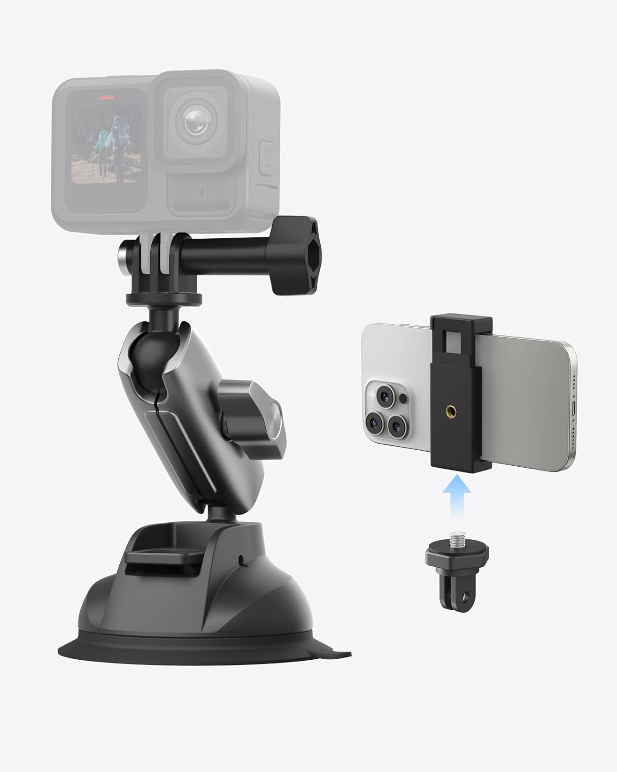TELESIN Aluminum Suction Cup Car Mount Windshield Window Dashboard Holder with Phone Clip for GoPro Max Mini Hero 13 12 11 10 9 Insta360 X4 X5 DJI Action 4 5pro 6 OSMO 360 Nano iPhone Android AKASO