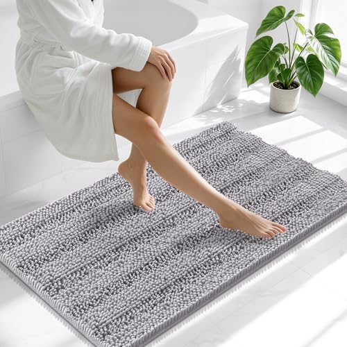 Image of Smiry Thick Chenille Bathroom Runner Rugs 44x24, Extra Absorbent Striped Bath Mat, Machine Washable, Rubber Backing, Long Bath Rugs for Tub & Shower, Modern Home Decor Accessories, Grey