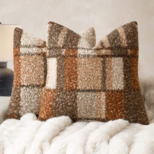 Image of Foindtower Pack of 2 Soft Faux Fur Boucle Throw Decorative Pillow Covers Fuzzy Accent Check Cushion Sherpa Boho Farmhouse Pillowcase for Couch Sofa Bed Living Room Home Decor 18x18 Inch,Autumnal
