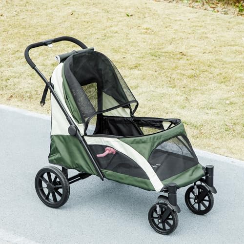 PawHut Hundewagen Hundebuggy klappbar für große Hunde & Katzen bis 30 kg Katzenbuggy mit Kissen Netzfenstern Türen Aufbewahrungstasche Katzenwagen Buggy Dunkelgrün