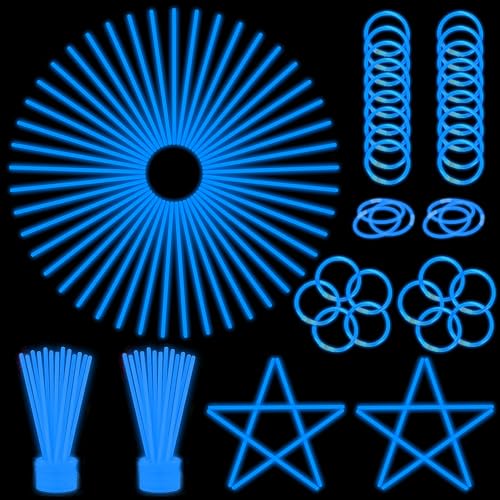 ILHSTY 100 pk 8 Blue Glow Sticks Glow Necklaces In The Dark Party Favor Supplies Bright GlowSticks Bulk for Birthday Valentine Carnival Christmas New Year Halloween 4th of July Party (Blue*100)