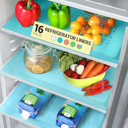 Refrigerator Liners for Shelves (16 Pack) by Linda’s Essentials - Non-Adhesive Shelf or Drawer Liner, BPA-Free Fridge Mats for Kitchen & Cabinets, Easy to Clean, Ideal Household Essentials (Blue) by Linda's Essentials - Used condition - US$13.60