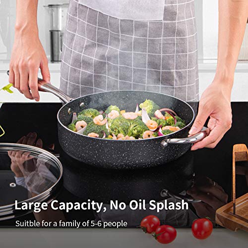 SKY LIGHT Frying Pan with Lid, Deep Saute Pan 5Qt / 11-inch Stone-Derived Nonstick Coating, Stainless Steel Handle Cooking Pan, Induction Compatible, Oven Safe & Dishwasher Safe