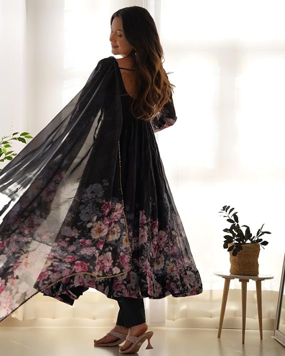 Image of KD Women's Floral Printed Georgette Anarkali Kurta Set With Dupatta, Traditional Salwar Suit, Long Sleeve Ethnic Dress