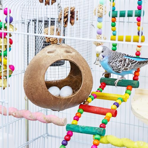 Image of VTurboWay Natural Coconut Shell Bird Nest with Coconut Fiber Mat Breeding Nesting Anti-Pecking Bite for Small Bird Parrot Cockatiel Conure Lovebird Canary Finch