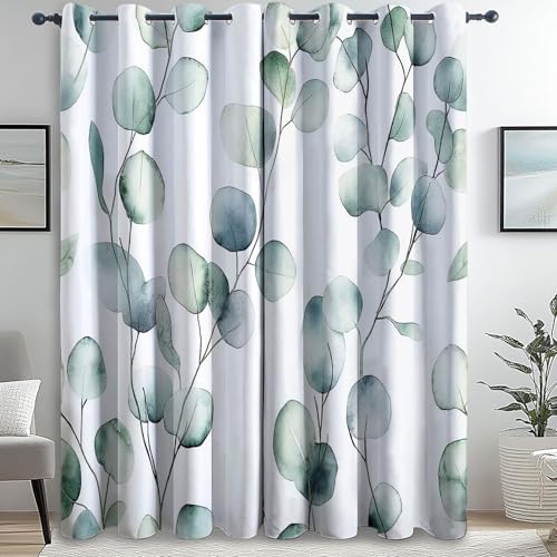 Cortinas Opacas Blanco Decoración de Ventanas Plantas Hojas De Eucalipto De Acuarela Impresas para Dormitorio Sala de Estar guardería habitación Cortina 70An x 145Al cm (2 Paneles) con Ojales