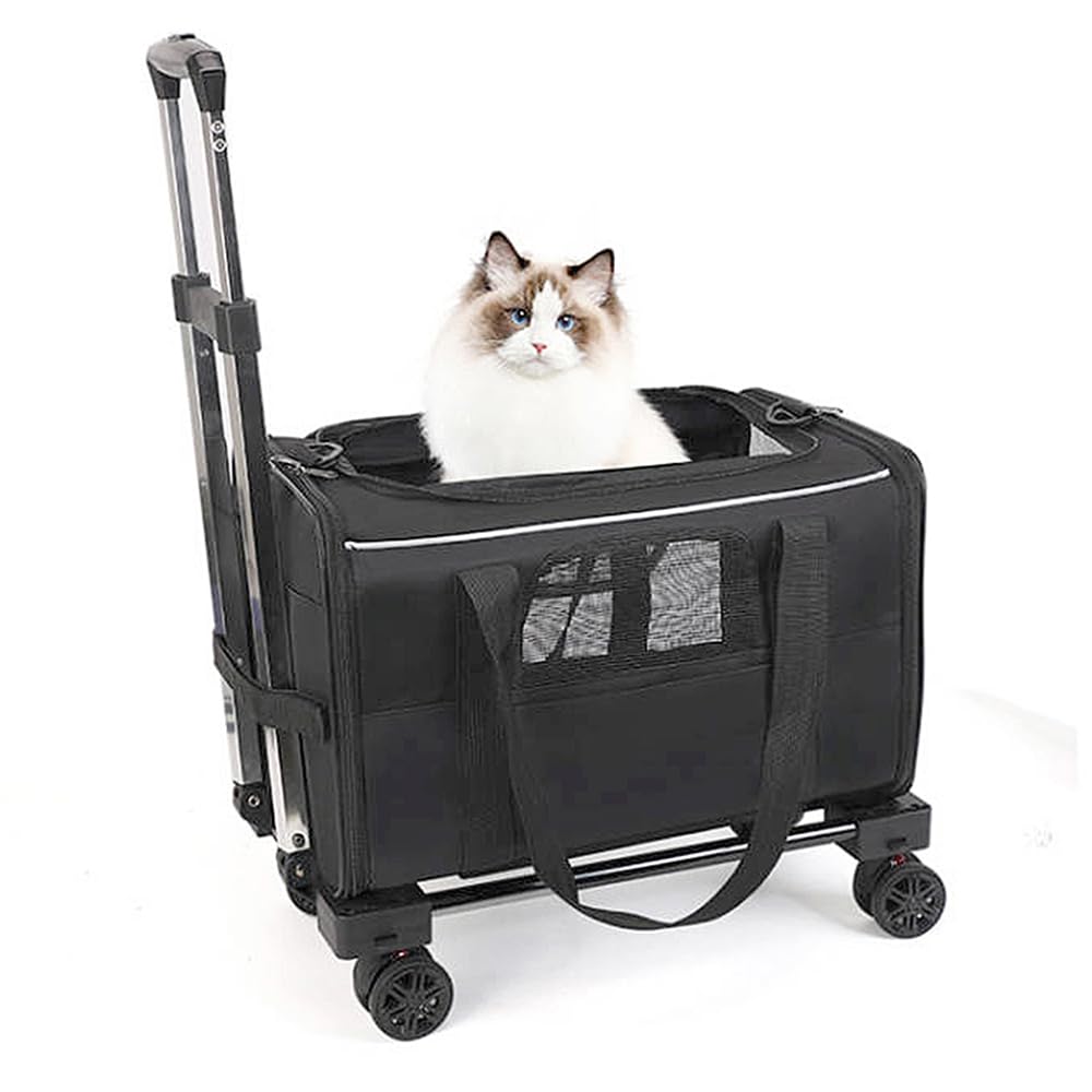 Haustiertransporter mit Rädern, Aluminiumrahmen Katze Trolley Tasche Atmungsaktive Oxford Tuch Rolling Dog Travel Carrier mit 360 ° & ausziehbarer Griff für Flugzeug Auto Zug (Black with White Edges)